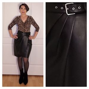 EUC Express Black Belted Faux Leather Skirt, Faux Wrap, Pleated, Size 6